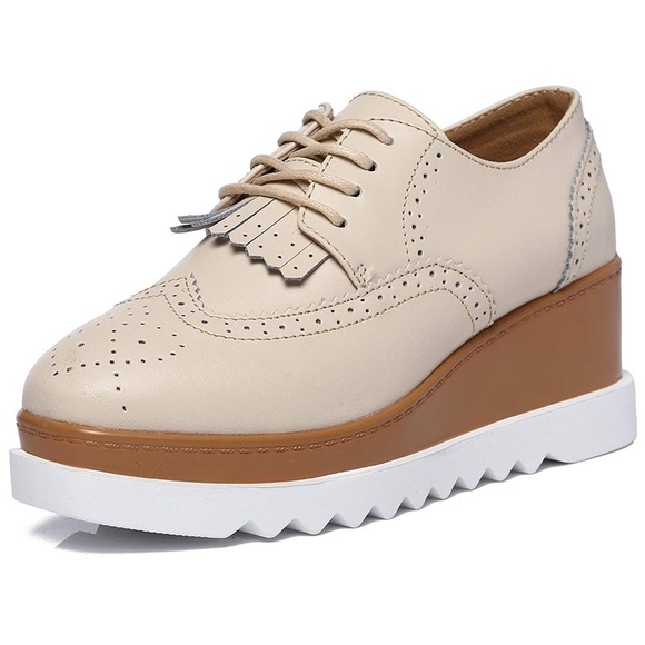 Beige Lace-up Platform Wedge Oxford Shoes - Picture 1 of 7
